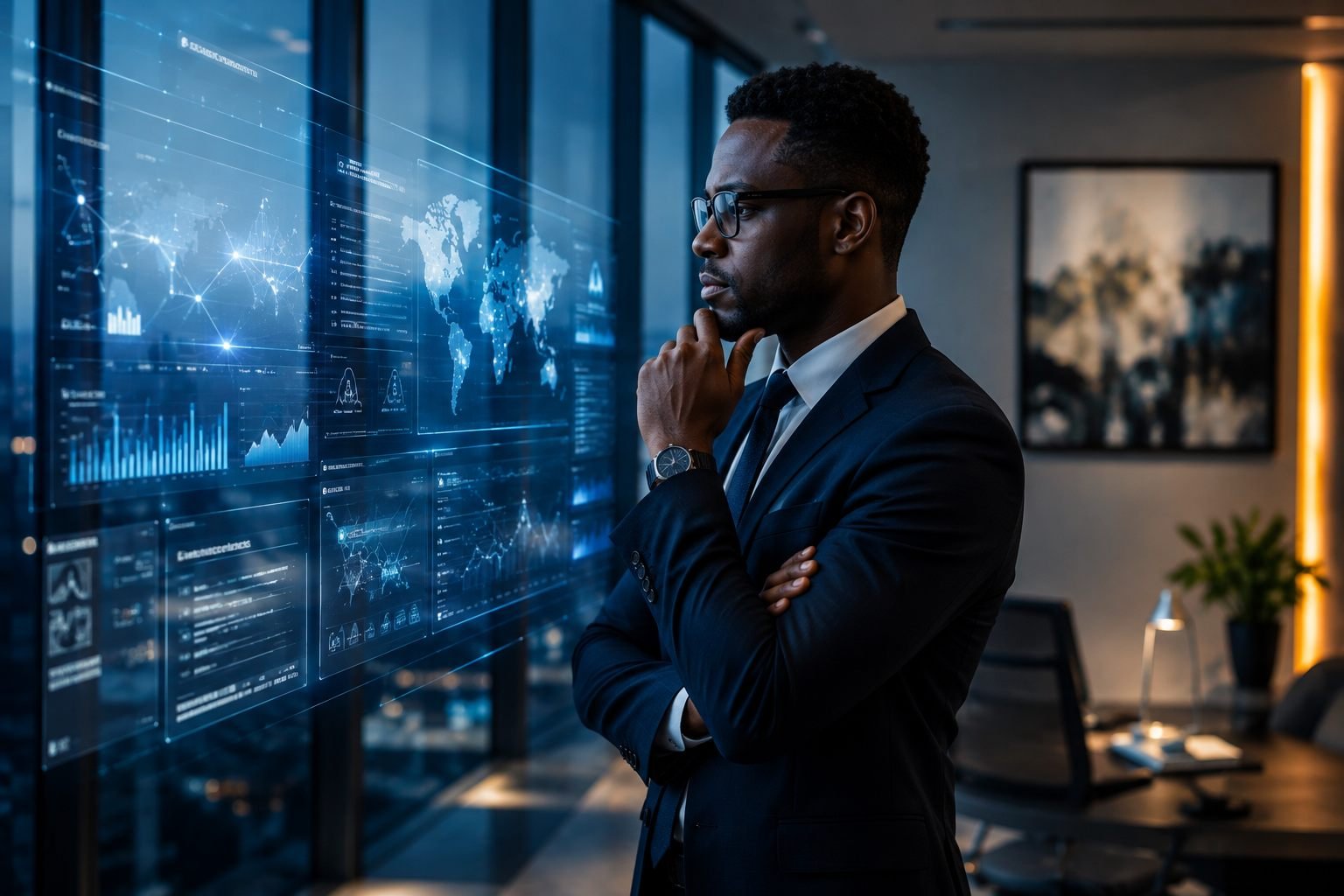 Financial crime compliance leader reviewing a global risk and transaction monitoring dashboard