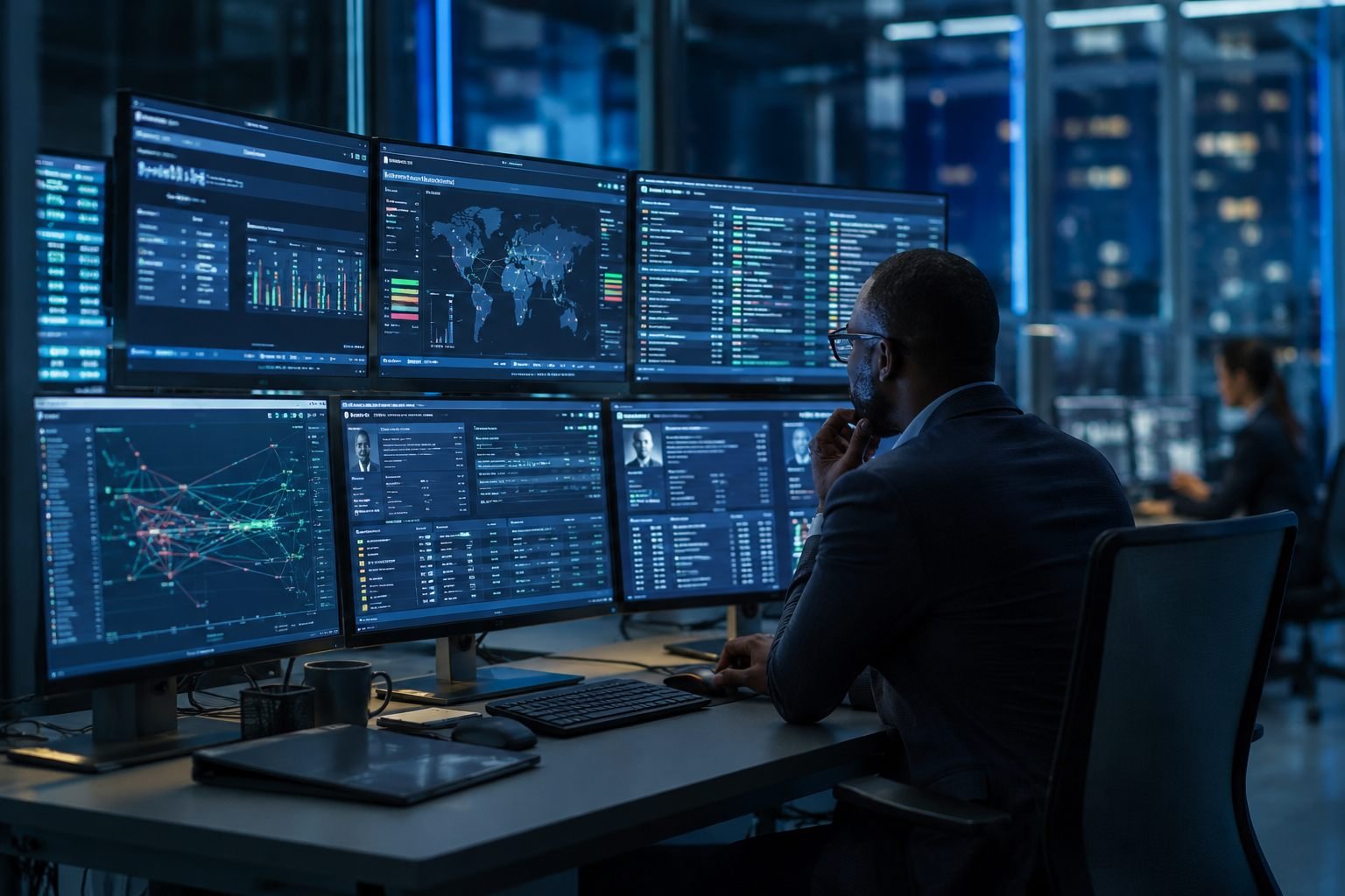Financial crime operations centre with analysts reviewing alerts, network diagrams and global transaction data