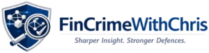FinCrimeWithChris logo, shield and magnifying glass mark
