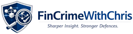 FinCrimeWithChris logo, shield and magnifying glass mark