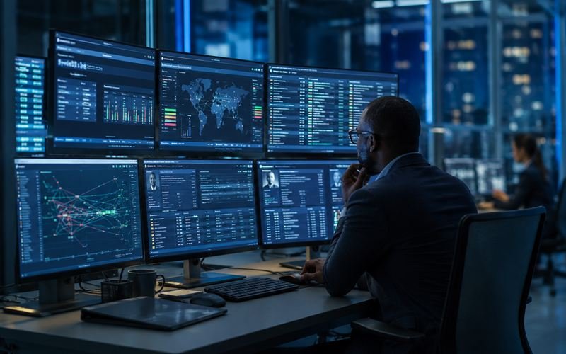 Financial crime investigators reviewing link analysis charts and global transaction patterns