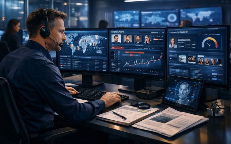 Compliance analyst monitoring automated sanctions screening and due diligence systems