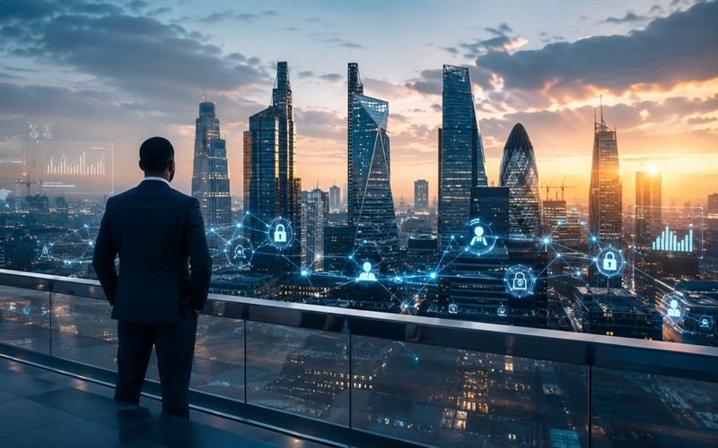 City of London financial district at dusk beneath a network of data connections